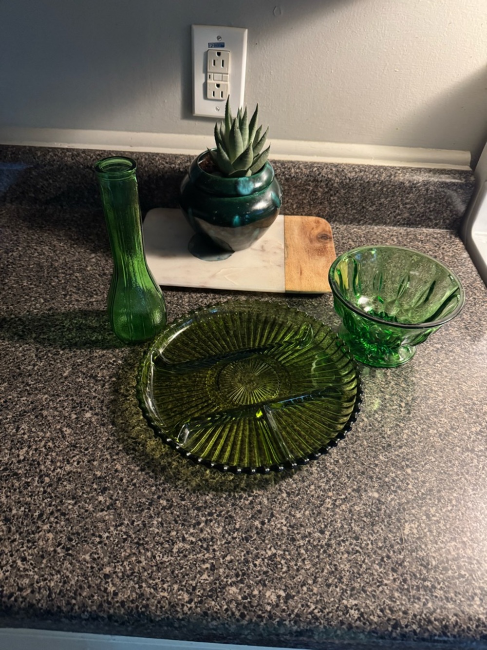 Green Glass Serving Plate, Bowl & Bud Vase Set